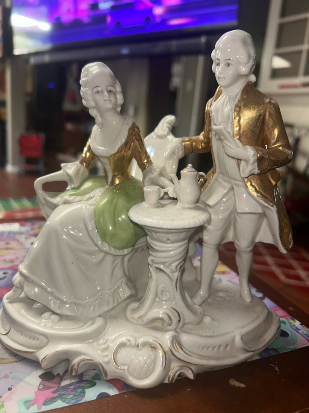 Porcelain Rococo Couple Figurine in White, Gold and Green - Unbranded